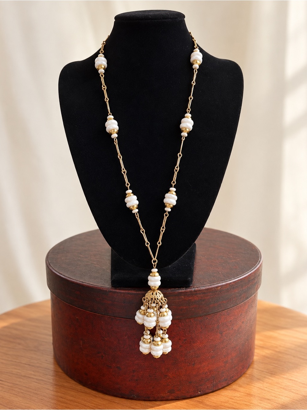 Vintage 1970s Signed Hobe White Molded Glass Tassel Pendant Necklace Pat